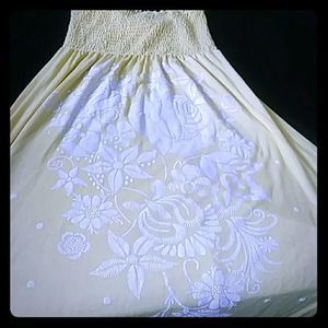 Yellow and white strapless halter dress